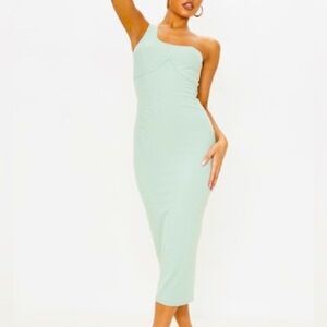 Pretty Little Things Bodycon Sage Green Ribbed One Shoulder Midi Dress Size: 6